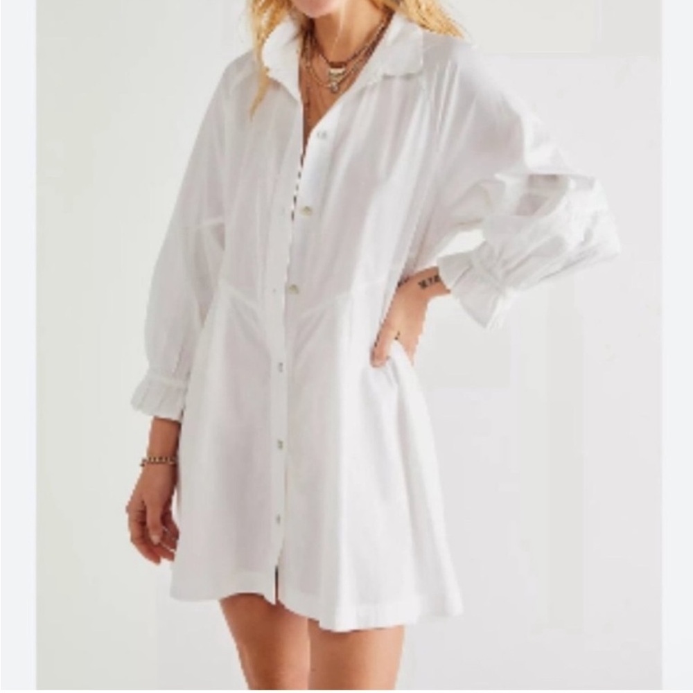 NWOT Free People Hannah Denim White Mini Dress Size Large Long Sleeve